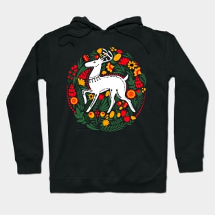 Folk Art White Stag with Flowers and Leaves Hoodie